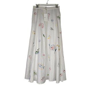 Caroline Constas Embroidered Off White Linen Blend Skirt 4 Maxi Length NEW